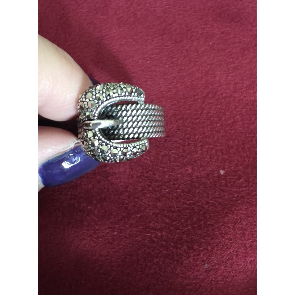 DBJ Sterling Silver 925 Marcasite Belt Buckle Ring Size 9.5 Vintage Style
